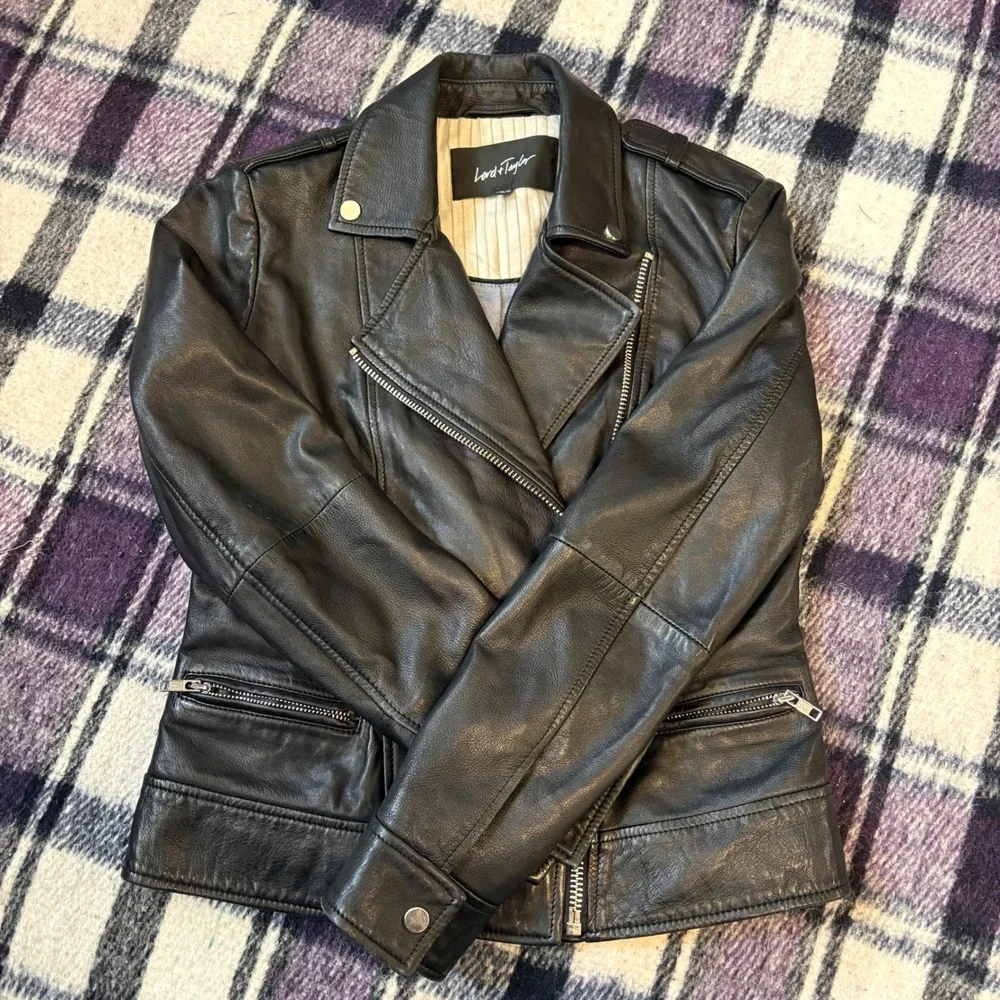 Vtg Lord & Taylor Women's Lamb Leather Biker Jacket Black Sz XS Moto Zipper - Picture 1 of 9